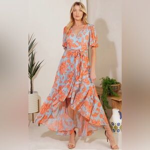 Flying Tomato NWOT Floral Wrap Maxi Dress in Blue and Orange